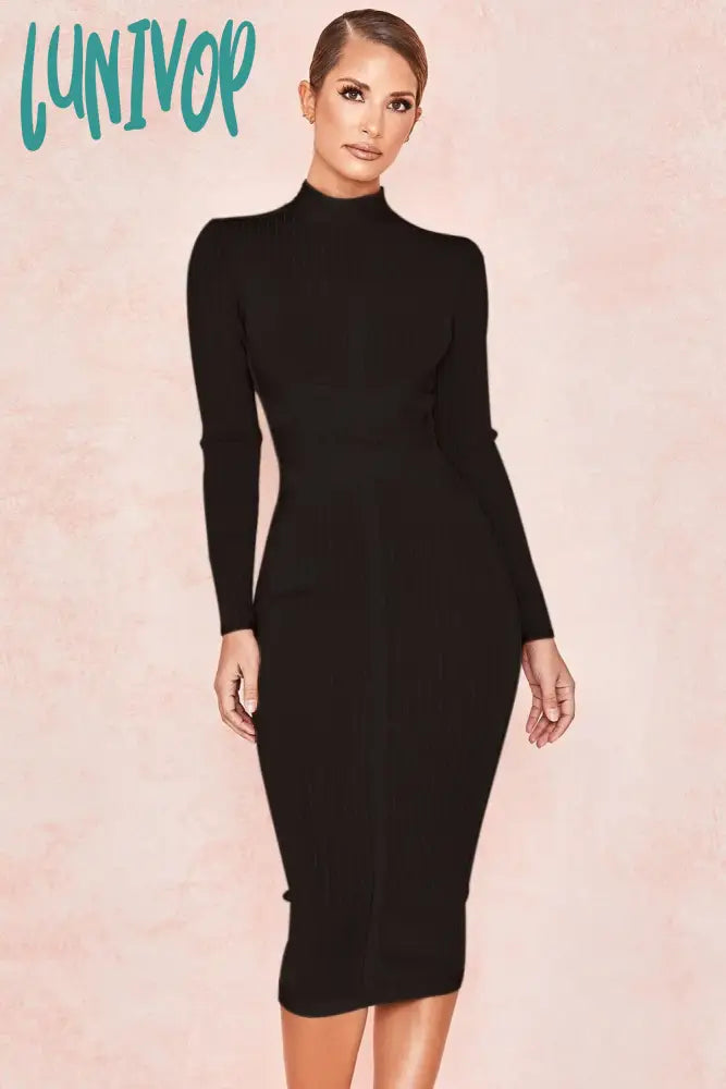Lunivop Long Sleeve Midi Bandage Dress Knitted Vestido Feminino Elegante Vintage Streetwear Formal