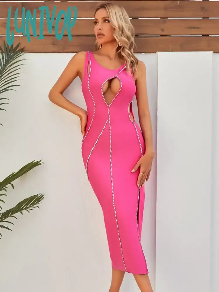 Lunivop Luxury Chic Women Celebrity Sexy Tank Cut Out Pink Diamonds Midi Bodycon Bandage Dress