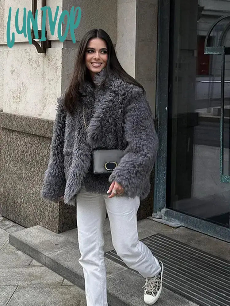 Lunivop Luxury Fluffy Furry Faux Fur Jacket For Women Long Sleeve Shaggy Overcoats Winter