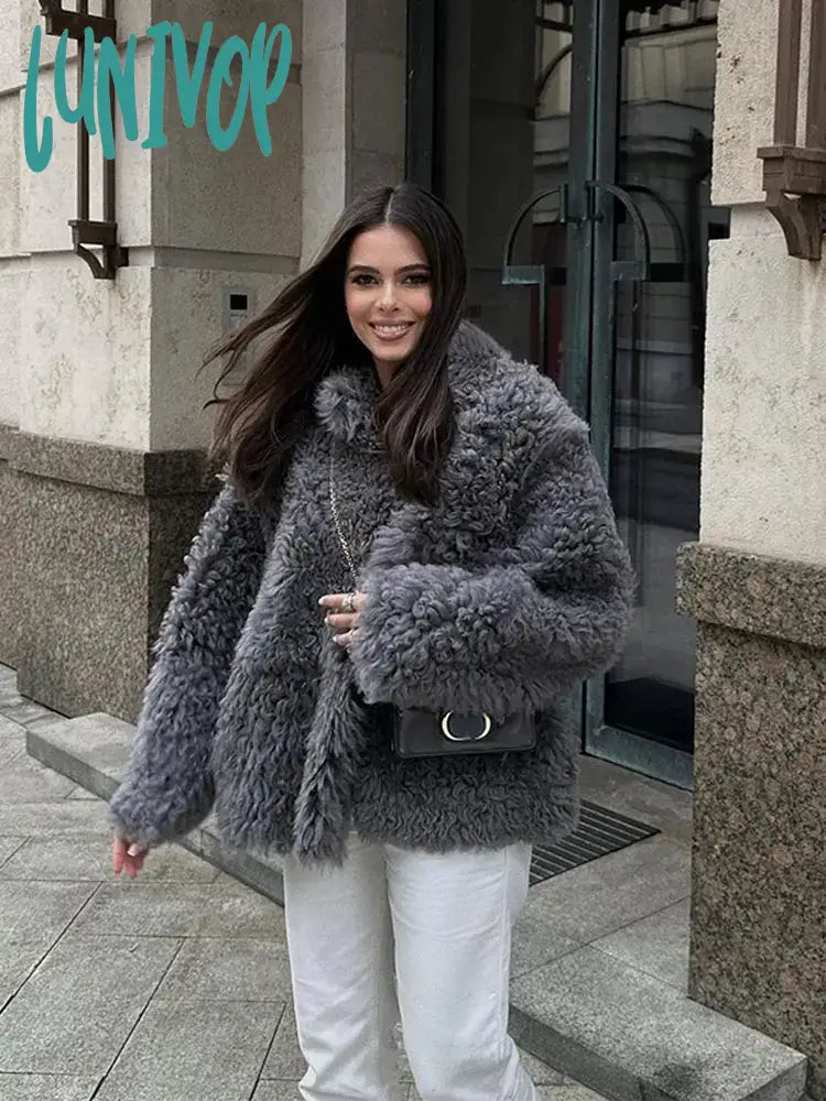 Lunivop Luxury Fluffy Furry Faux Fur Jacket For Women Long Sleeve Shaggy Overcoats Winter