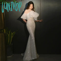 Lunivop Luxury Wedding Dresses Shiny Beading One Shoulder Mermaid Evening Dress Chic Illusion