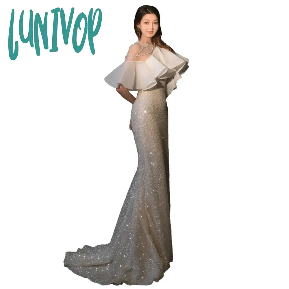 Lunivop Luxury Wedding Dresses Shiny Beading One Shoulder Mermaid Evening Dress Chic Illusion