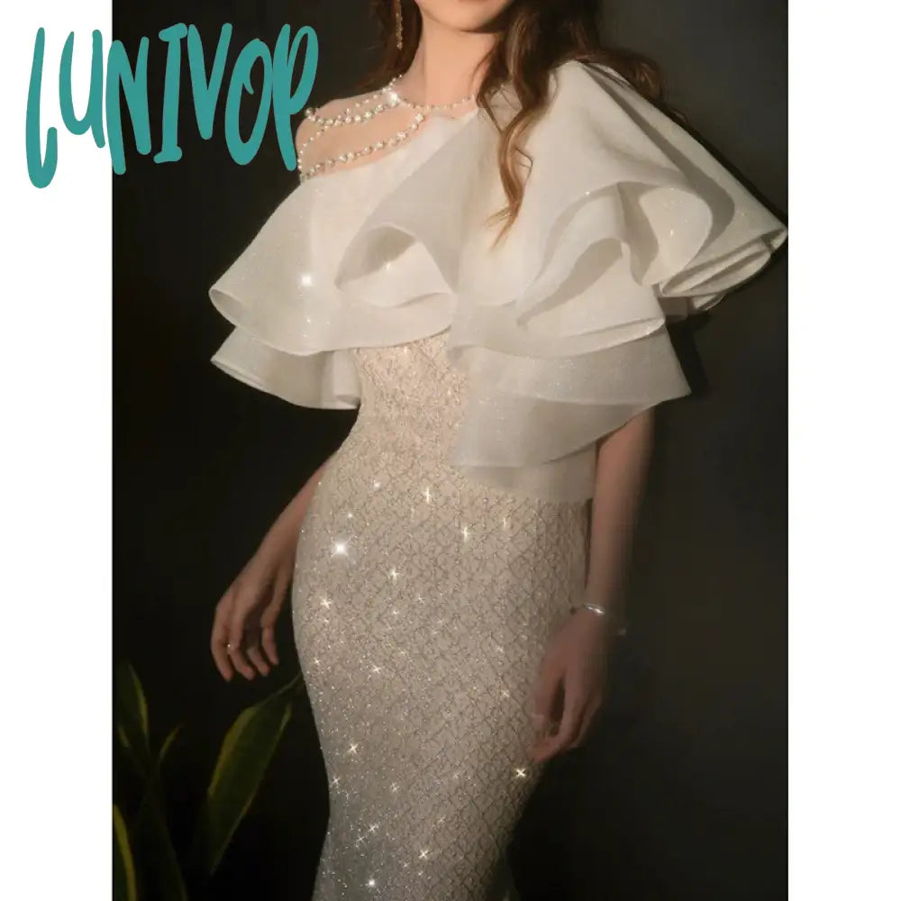 Lunivop Luxury Wedding Dresses Shiny Beading One Shoulder Mermaid Evening Dress Chic Illusion