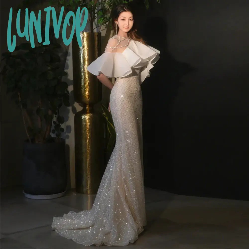 Lunivop Luxury Wedding Dresses Shiny Beading One Shoulder Mermaid Evening Dress Chic Illusion