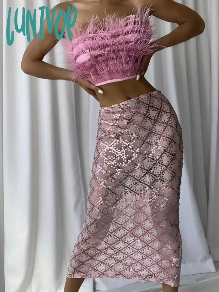 Lunivop Luxury Women Summer Sexy Strapless Backless Feather Pink Mesh Sequins Bodycon Skirt Set