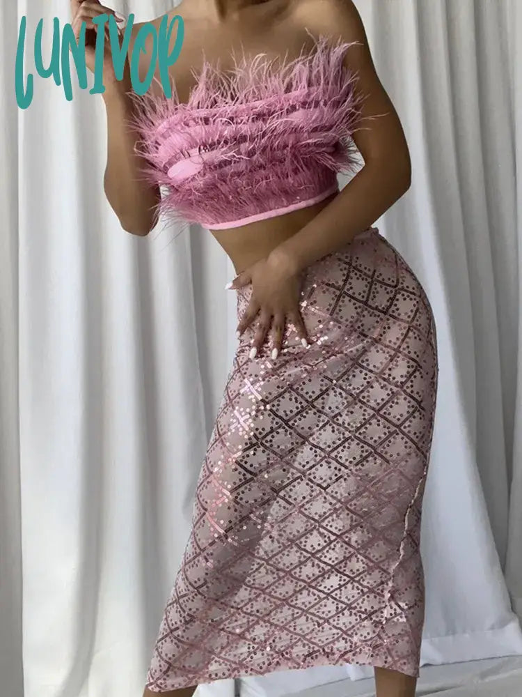 Lunivop Luxury Women Summer Sexy Strapless Backless Feather Pink Mesh Sequins Bodycon Skirt Set
