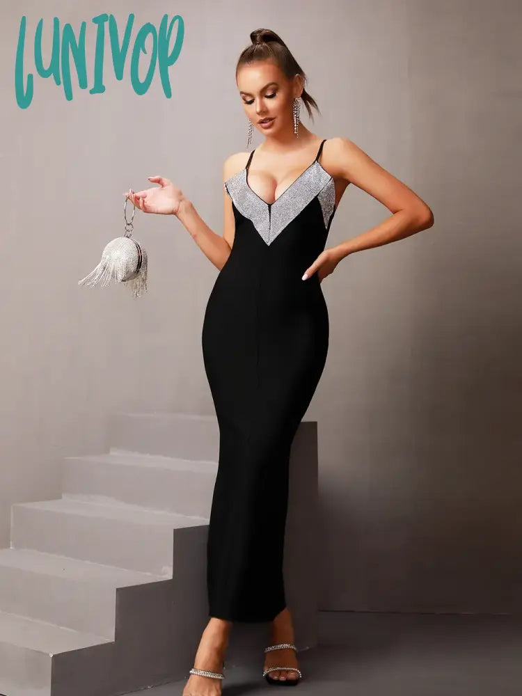 Lunivop Luxury Women Summer Sexy V Neck Diamonds Sparkly Black Maxi Long Bodycon Bandage Dress