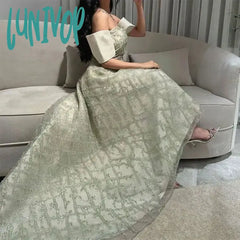 Lunivop Matcha Green Strapless Lace Prom Dresses With Train 2024 Short Sleeves A-Line Ball Gowns