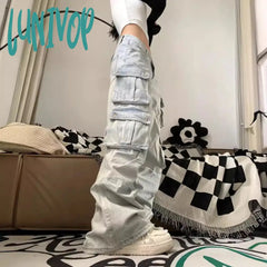mens fashion American-Style Multi-Pocket Mop Workwear Jeans Women's Hot Girl Fashion Loose Draping Straight Low Waist Wide Leg Pants Fashion