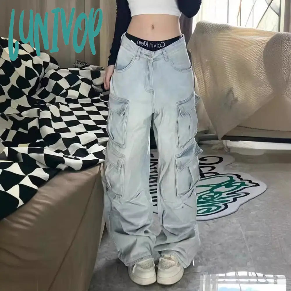 mens fashion American-Style Multi-Pocket Mop Workwear Jeans Women's Hot Girl Fashion Loose Draping Straight Low Waist Wide Leg Pants Fashion