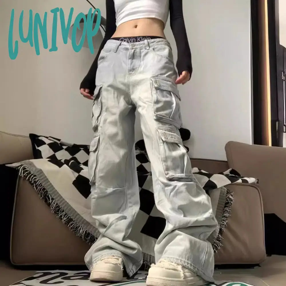 mens fashion American-Style Multi-Pocket Mop Workwear Jeans Women's Hot Girl Fashion Loose Draping Straight Low Waist Wide Leg Pants Fashion