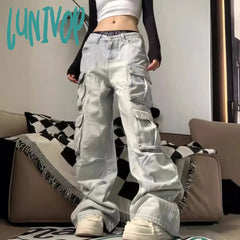 mens fashion American-Style Multi-Pocket Mop Workwear Jeans Women's Hot Girl Fashion Loose Draping Straight Low Waist Wide Leg Pants Fashion