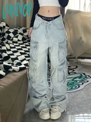 mens fashion American-Style Multi-Pocket Mop Workwear Jeans Women's Hot Girl Fashion Loose Draping Straight Low Waist Wide Leg Pants Fashion