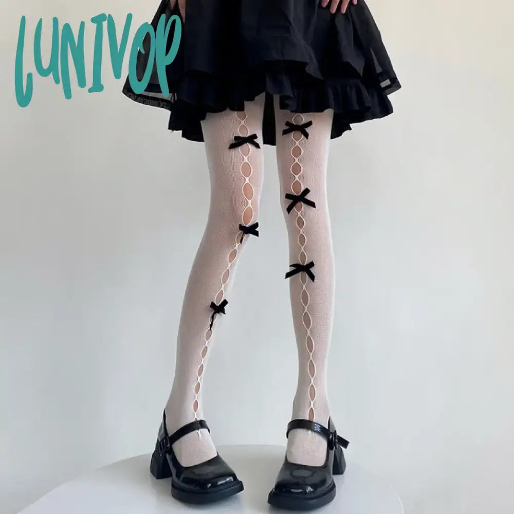 Lunivop Mesh Bow Tights Women Leggings Summer Sexy Hollow Out Solid Pantyhose Ladies Slim Bodycon