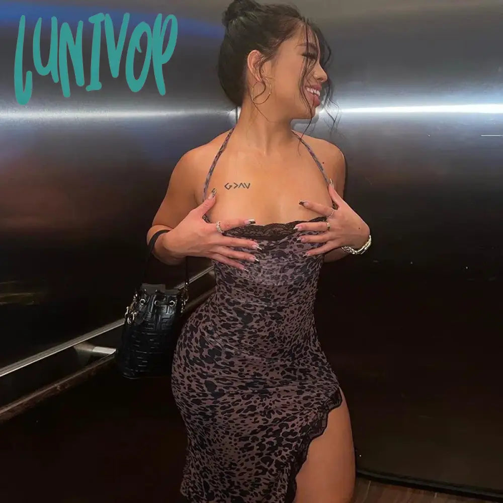 Lunivop Mesh Leopard Long Beach Dress Sexy See Through Spaghetti Strap Bodycon High Split Halter