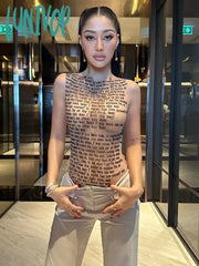 Lunivop Mesh Letter Printted T-Shirt Women O-Neck See Through Sexy Tank Tops With Golve High Street