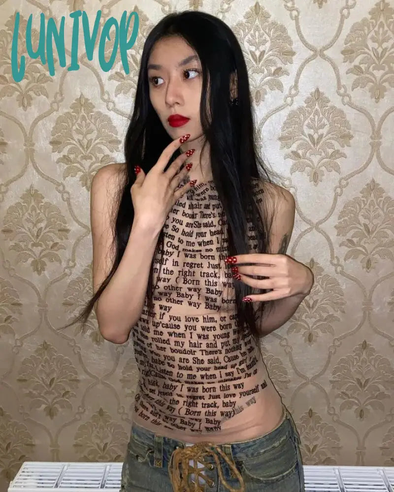 Lunivop Mesh Letter Printted T-Shirt Women O-Neck See Through Sexy Tank Tops With Golve High Street