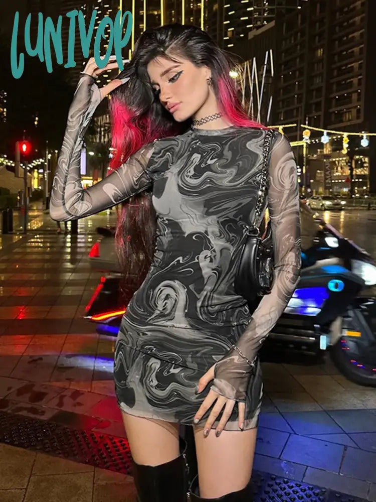 Lunivop Mesh Print Sexy Mini Dress O Neck Long Sleeve Slim See Through Streetwear Retro Dresses For