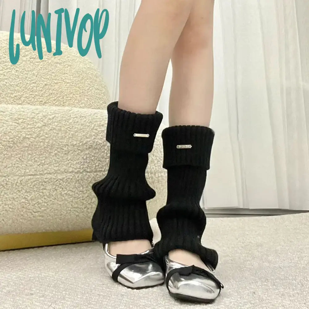 Lunivop Metal Label Leg Warmers Knitted Women Calf Socks Solid Color Vintage Winter Y2K Japanese