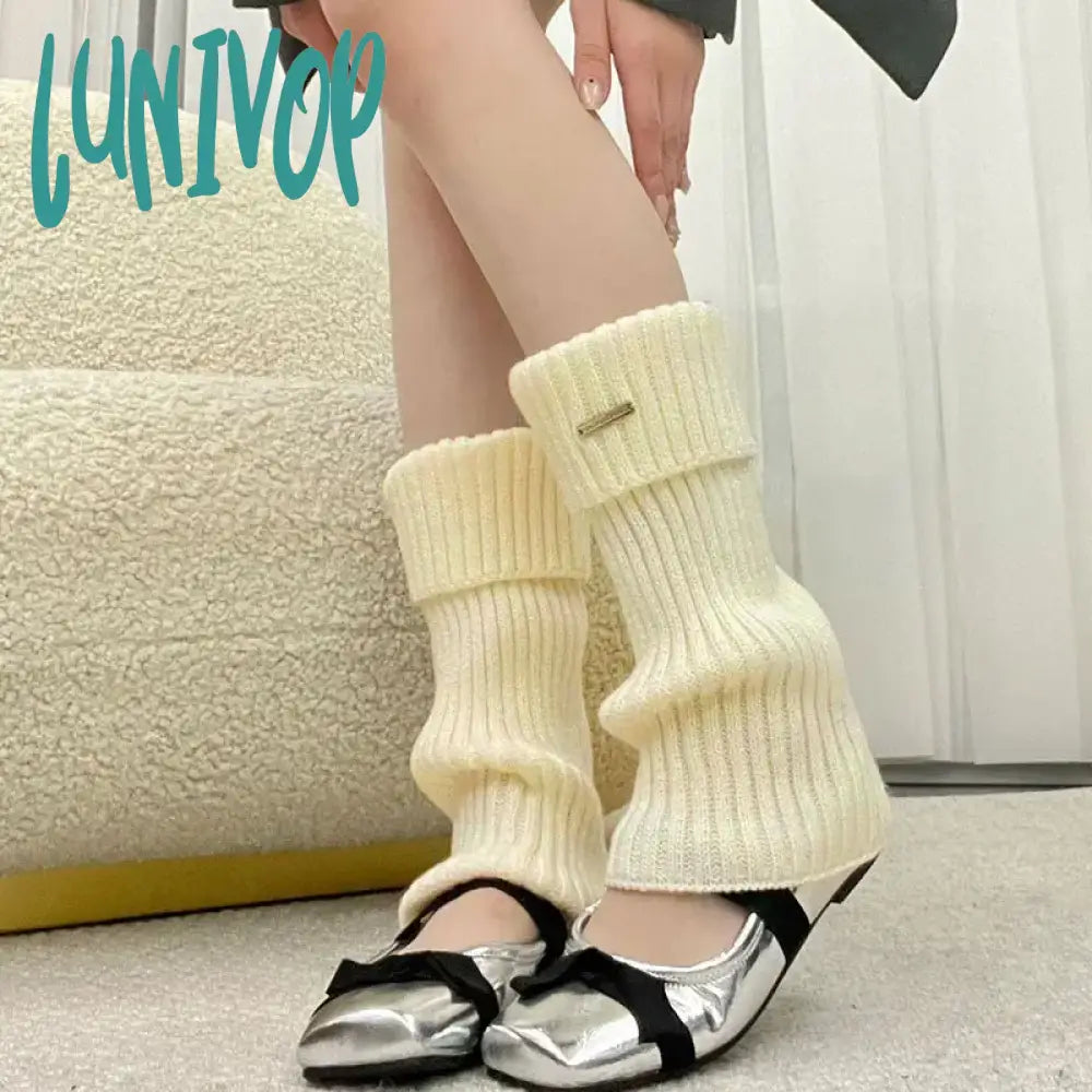 Lunivop Metal Label Leg Warmers Knitted Women Calf Socks Solid Color Vintage Winter Y2K Japanese