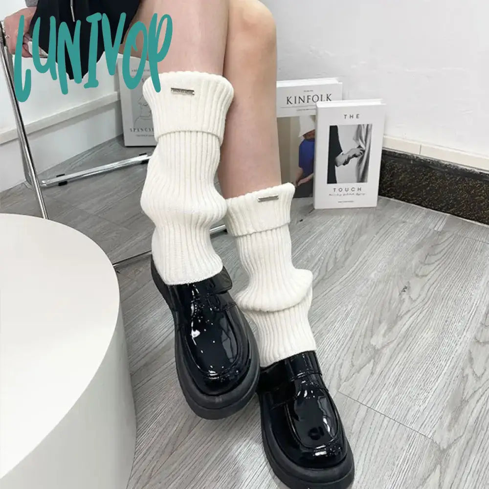Lunivop Metal Label Leg Warmers Knitted Women Calf Socks Solid Color Vintage Winter Y2K Japanese