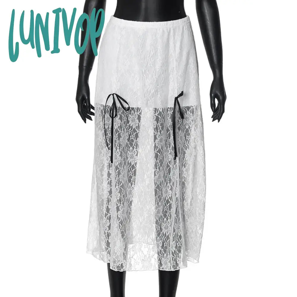 Lunivop New Bows Solid Color Lace Long Skirts For Women See Throught Hot Girl Summer Fashion Hig