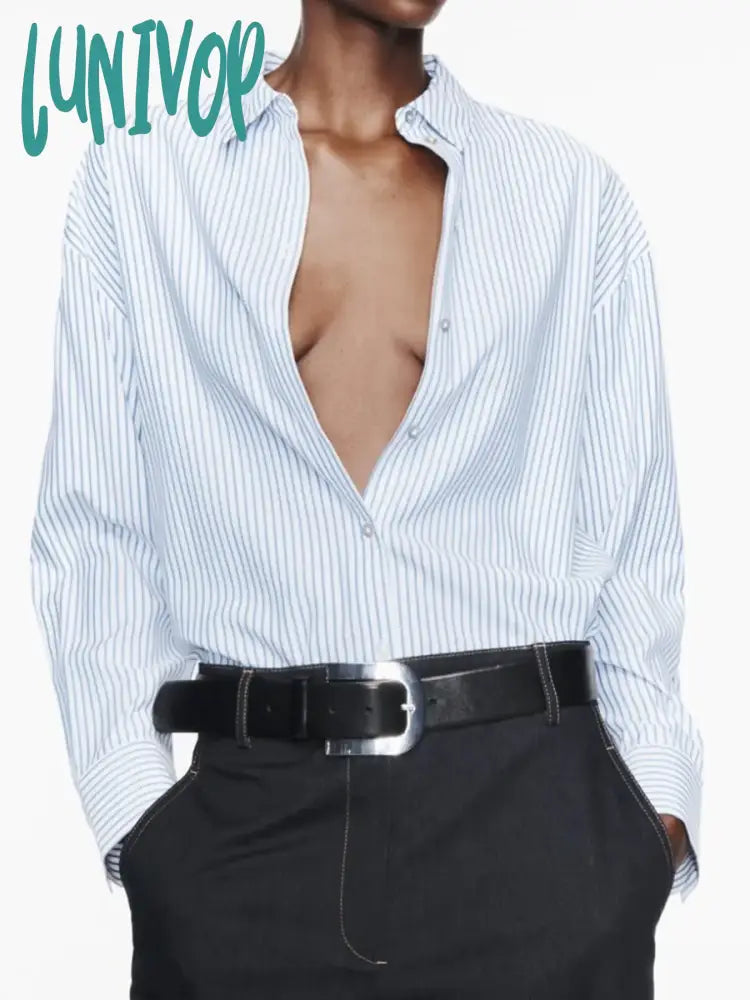 Lunivop New Chic Striped Long Sleeve Shirt Classic Simple Single Breasted Lapel Collar Blouse Women