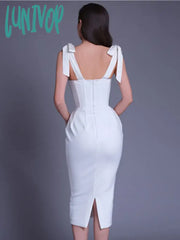 Lunivop New Chic Women Summer Sexy Backless Split White Beige Midi Bodycon Bandage Dress Elegant