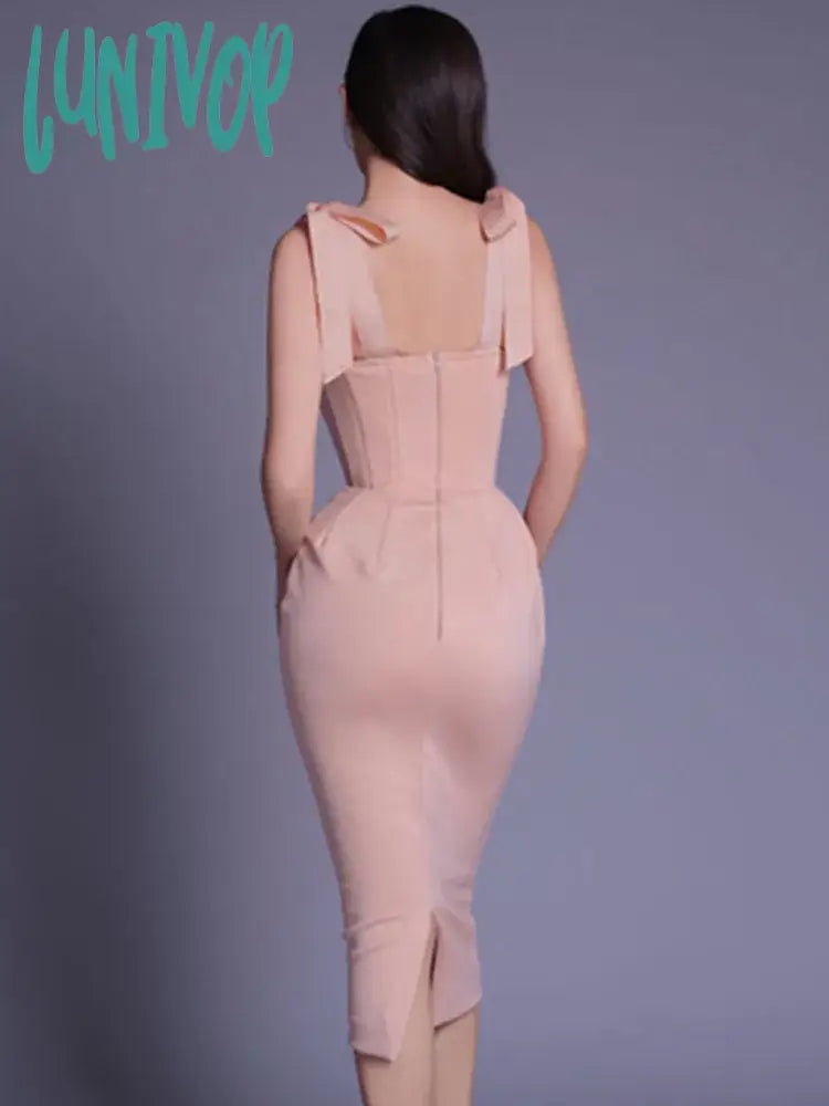 Lunivop New Chic Women Summer Sexy Backless Split White Beige Midi Bodycon Bandage Dress Elegant