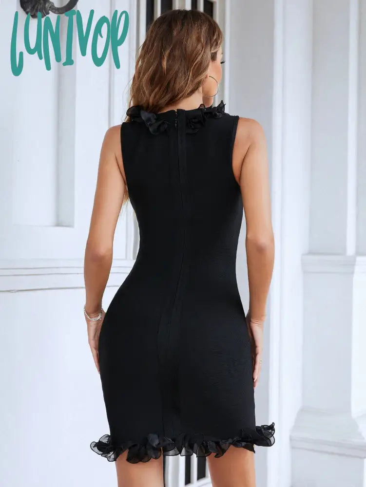 Lunivop New Chic Women Summer Style Sexy V Neck Button Ruffles Black Mini Bodycon Bandage Dress