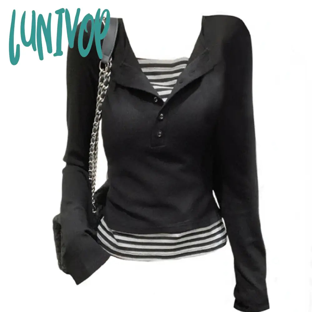 Lunivop New Design Fashion T-Shirts Women Square Collar Fake Two Pieces Striped Top Long Sleeve