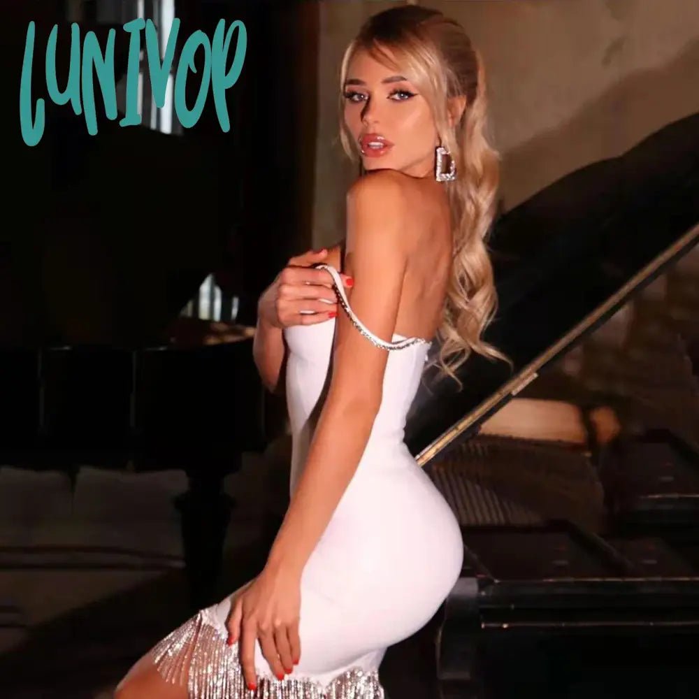 Lunivop New Elegant Women Black Spaghetti Strap V Neck Mini Bandage Dress Sexy Diamonds Tassel