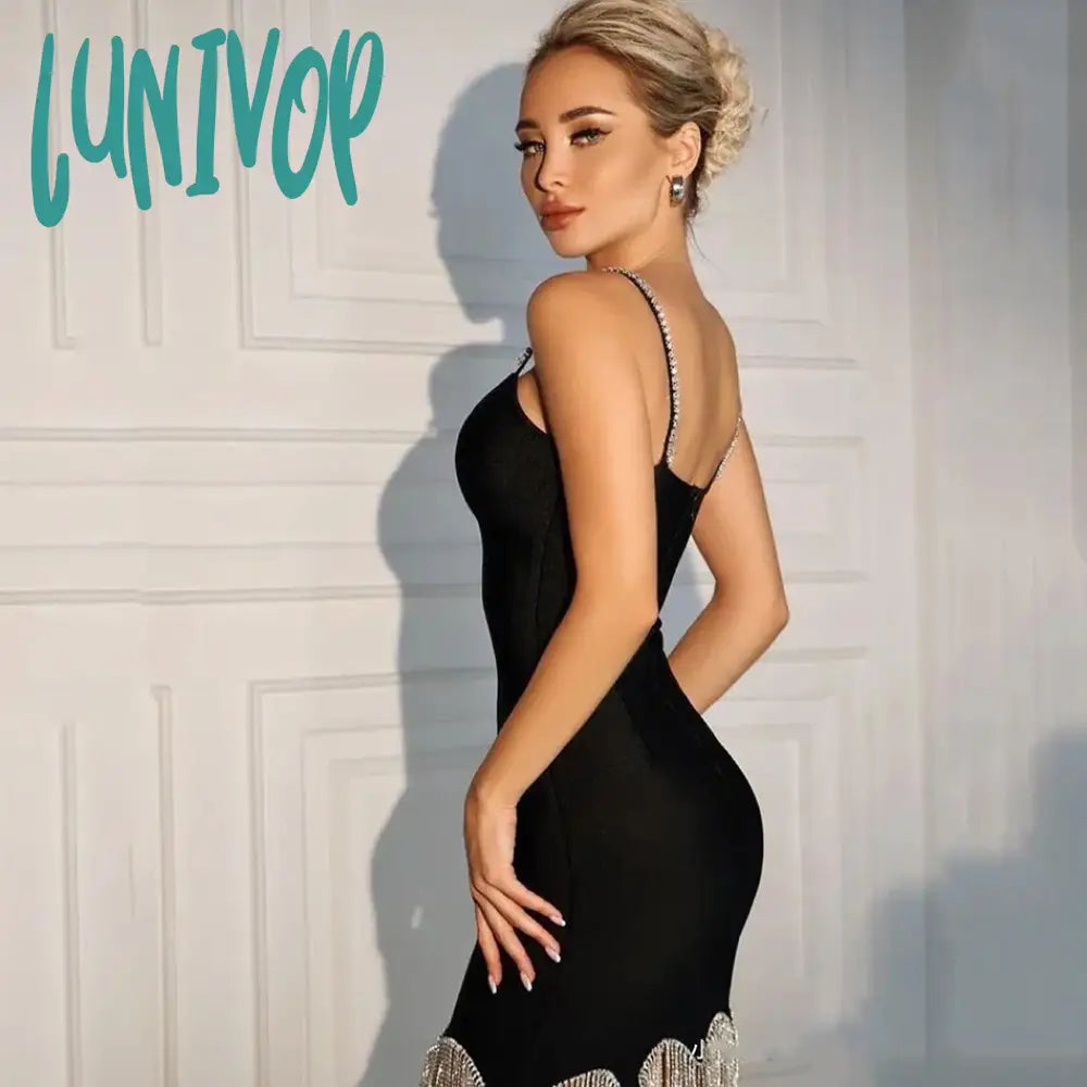 Lunivop New Elegant Women Black Spaghetti Strap V Neck Mini Bandage Dress Sexy Diamonds Tassel