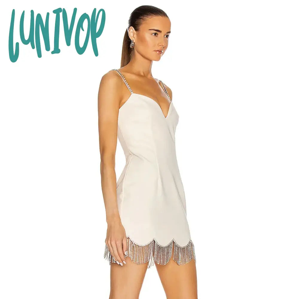 Lunivop New Elegant Women Black Spaghetti Strap V Neck Mini Bandage Dress Sexy Diamonds Tassel