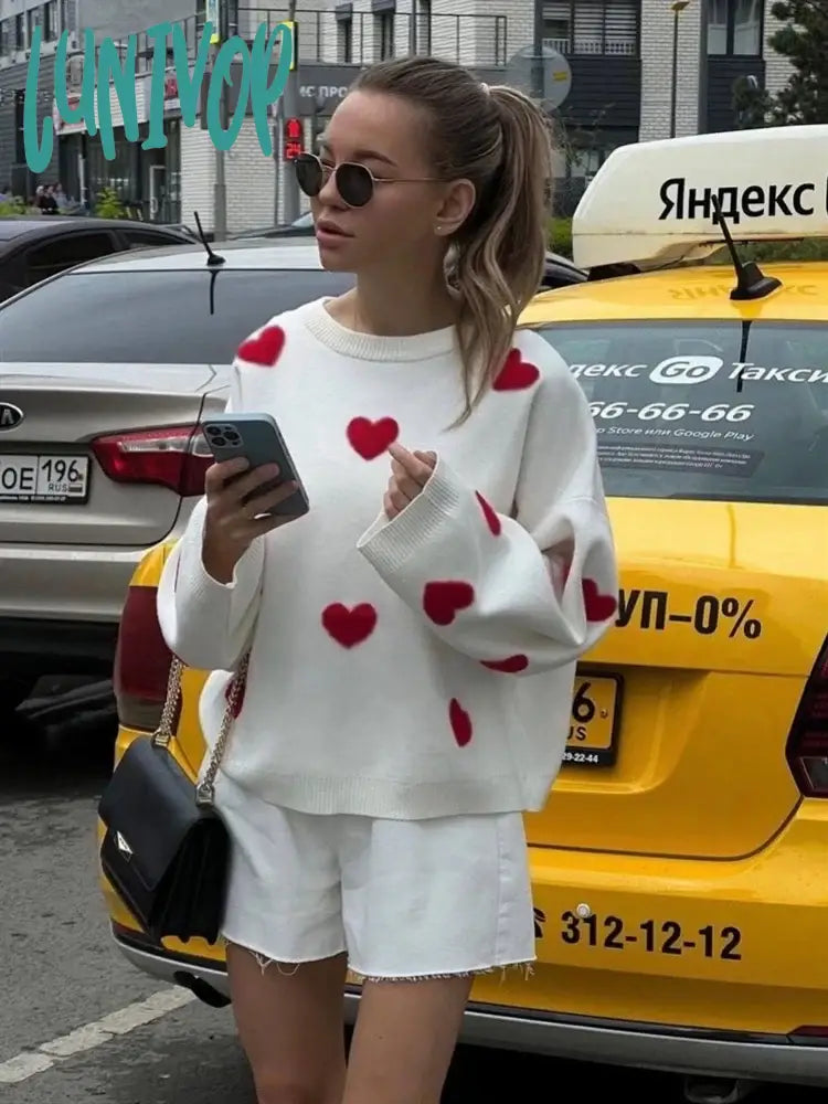 Lunivop New Embroidered Red Heart Sweater Women Round Neck Loose White Thick Knitted Female Causal