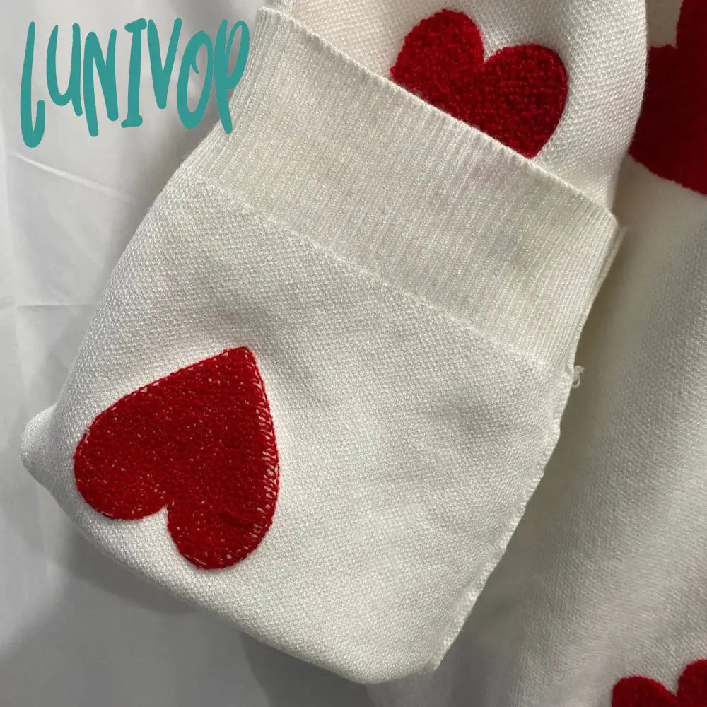 Lunivop New Embroidered Red Heart Sweater Women Round Neck Loose White Thick Knitted Female Causal