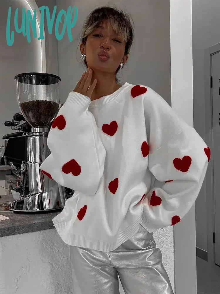 Lunivop New Embroidered Red Heart Sweater Women Round Neck Loose White Thick Knitted Female Causal