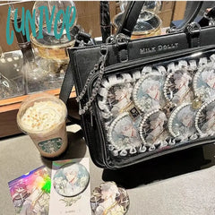 Lunivop New Fashion Womens Shoulder Bag Black Lolita Gothic Y2K Cute Tote Transparent Jk Chains