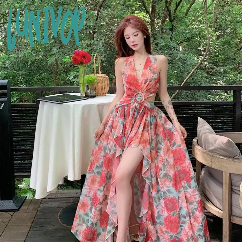 Lunivop New Hater Backless Summer Maxi Dresses 2024 Women’s Sexy Chic Floral Beach Long Clothing