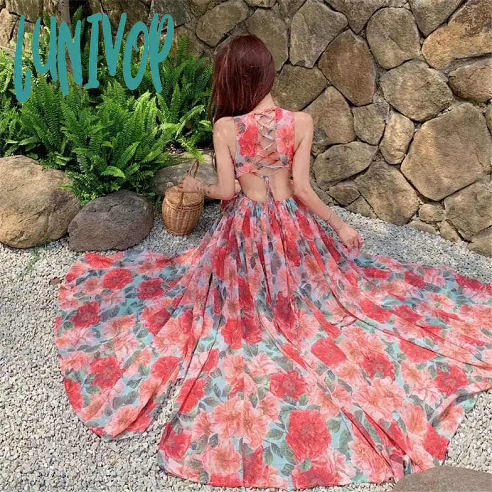 Lunivop New Hater Backless Summer Maxi Dresses 2024 Women’s Sexy Chic Floral Beach Long Clothing