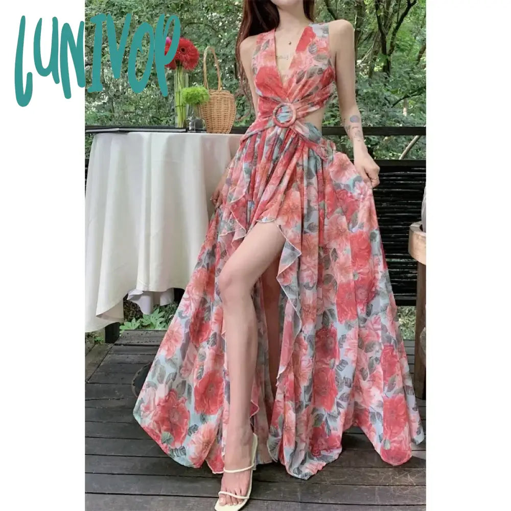 Lunivop New Hater Backless Summer Maxi Dresses 2024 Women’s Sexy Chic Floral Beach Long Clothing