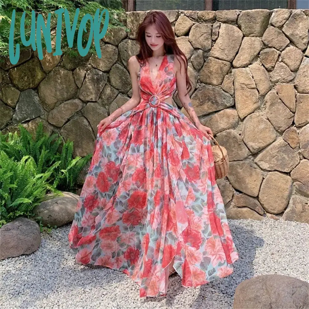 Lunivop New Hater Backless Summer Maxi Dresses 2024 Women’s Sexy Chic Floral Beach Long Clothing