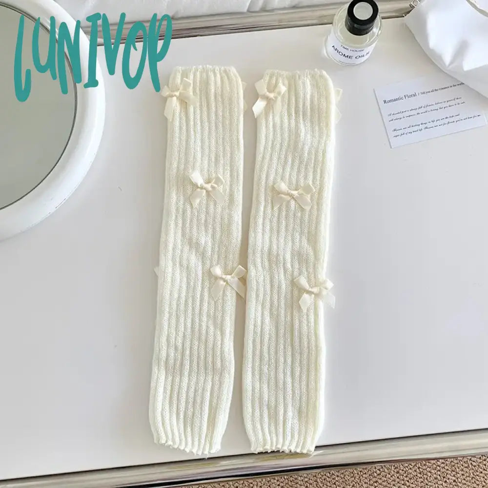 Lunivop New Japanese Bow Jk Knitted Leg Socks Wool Pile Warmer Y2K Punk Harajuku Cover Korean Beige