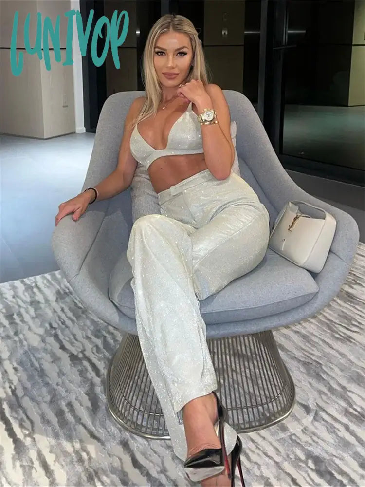 Lunivop New Party Women’s Outfits Two Piece Bra And Pants Set For Women Glitter Sliver Evening