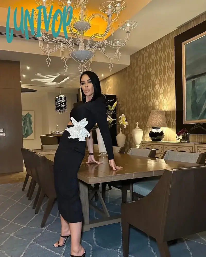 Lunivop New Sexy Bodycon Black One Shoulder Long Sleeve Hollow Flower Bandage Dress Vestidos Para