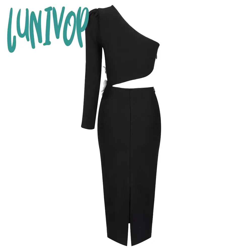 Lunivop New Sexy Bodycon Black One Shoulder Long Sleeve Hollow Flower Bandage Dress Vestidos Para