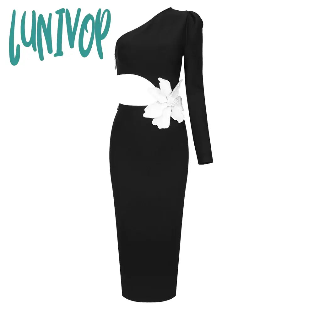 Lunivop New Sexy Bodycon Black One Shoulder Long Sleeve Hollow Flower Bandage Dress Vestidos Para