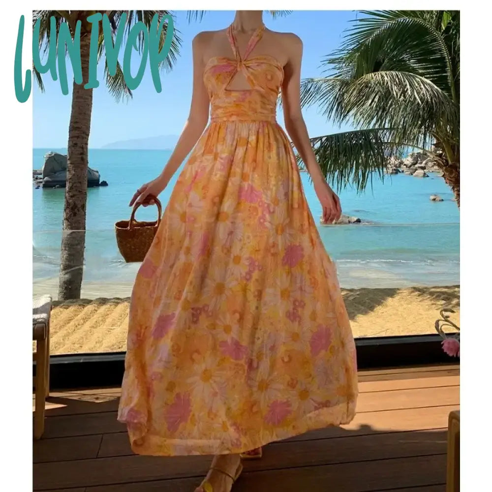 Lunivop New Sexy Floral Midi Chiffon Dress Summer Graceful Socialite Print Halter Stylish Elegant