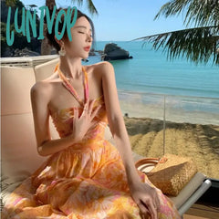 Lunivop New Sexy Floral Midi Chiffon Dress Summer Graceful Socialite Print Halter Stylish Elegant