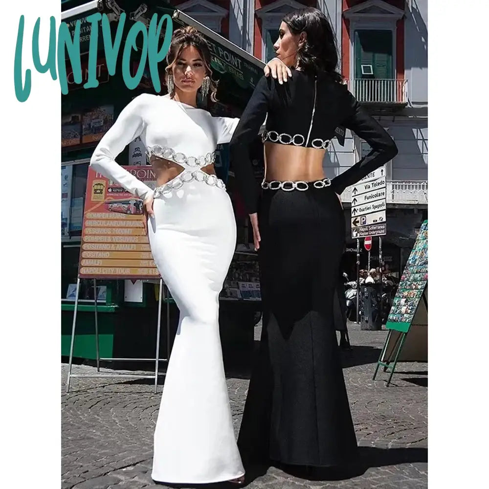 Lunivop New Sexy O-Neck Long Sleeve Hollow Women Bodycon Maxi Bandage Dress Robe De Soiree Luxe